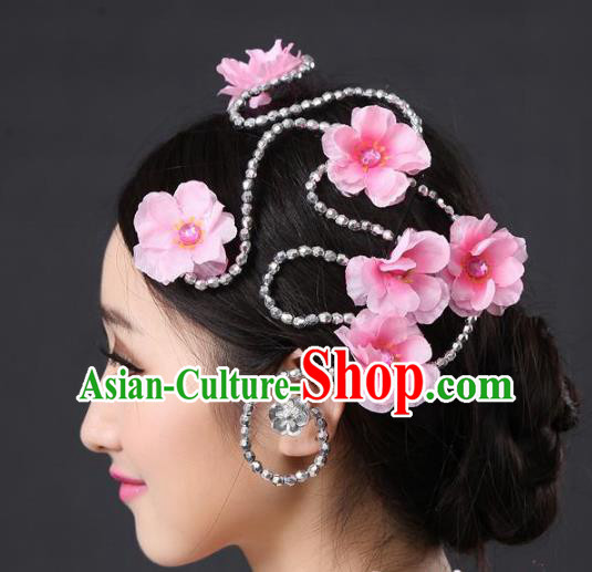Chinese Classical Yangge Folk Fan Dance Hair Accessories Yangko Pink Flowers Headwear for Women