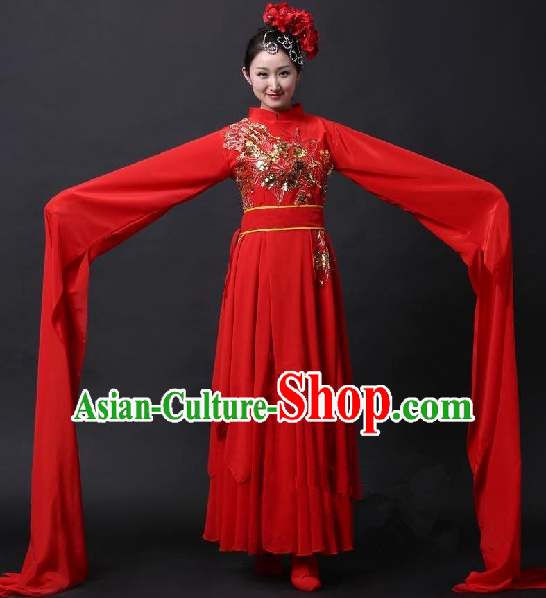 Traditional Chinese Classical Yangge Dance Water Sleeve Costume, China Yanko Folk Dance Clothing for Women