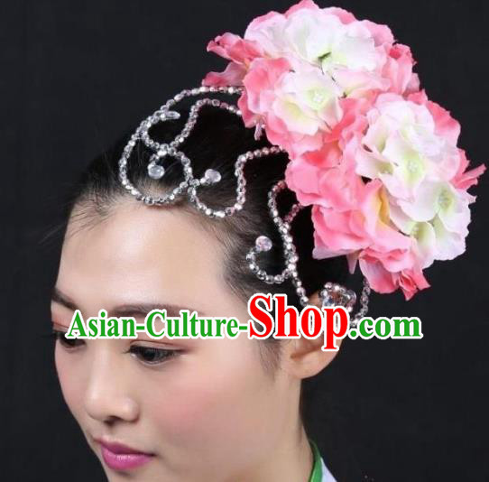 Chinese Classical Yangge Dance Hair Accessories Folk Dance Pink Flowers Headwear for Women