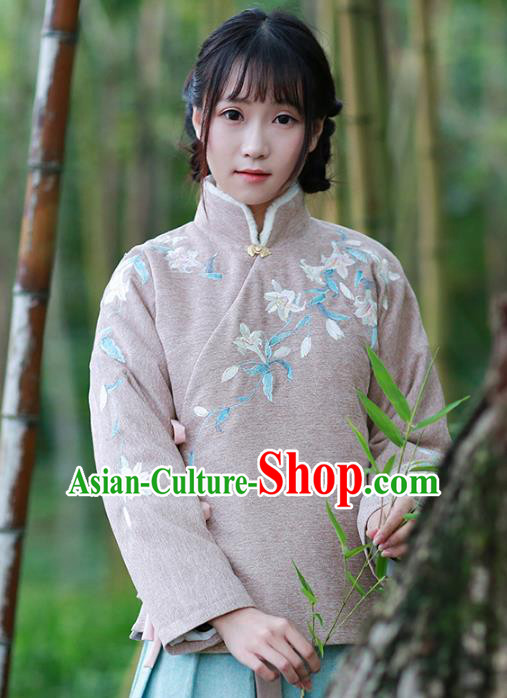 Traditional Chinese National Costume Embroidered Hanfu Cotton-padded Blouse Tangsuit Shirts for Women