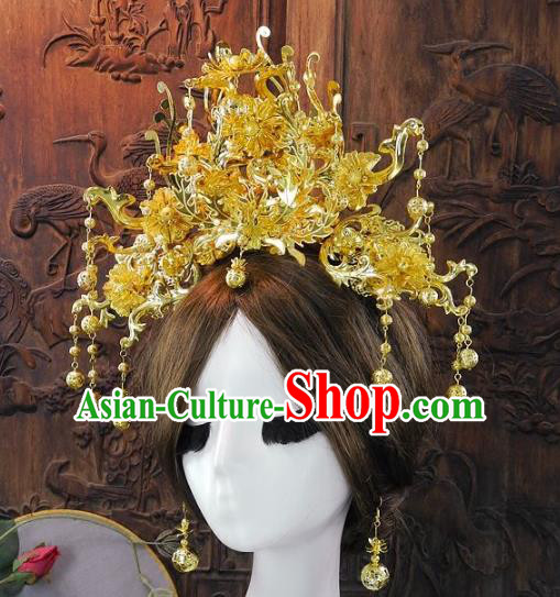 Chinese Handmade Classical Golden Phoenix Coronet Ancient Hanfu Wedding Headdress Hair Accessories for Women
