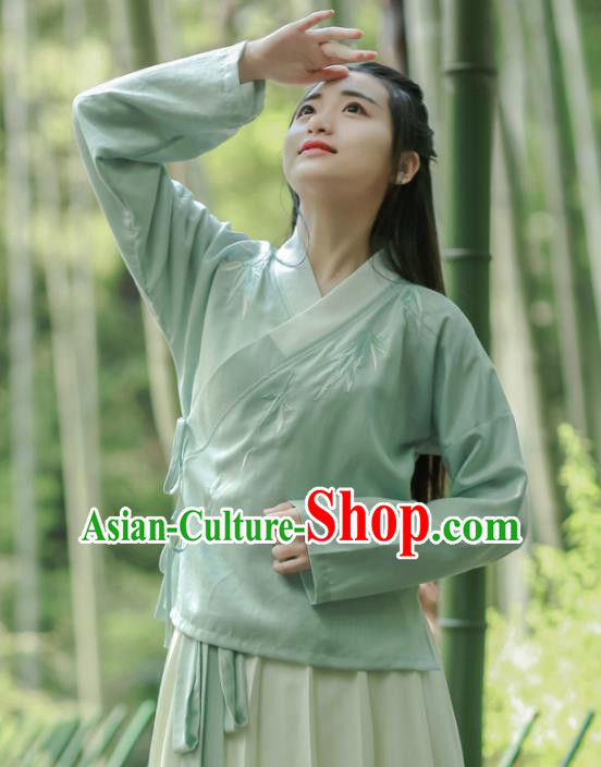 Traditional Chinese National Costume Embroidered Cheongsam Blouse Green Hanfu Shirts for Women