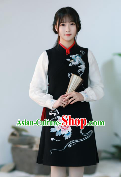 Traditional Chinese National Costume Embroidered Hanfu Black Vests Tang Suit Shirts for Women