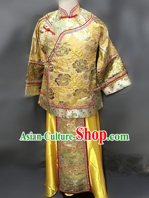 Traditional Chinese Qing Dynasty Young Mistress Costume Ancient Embroidered Yellow Xiuhe Suit for Women