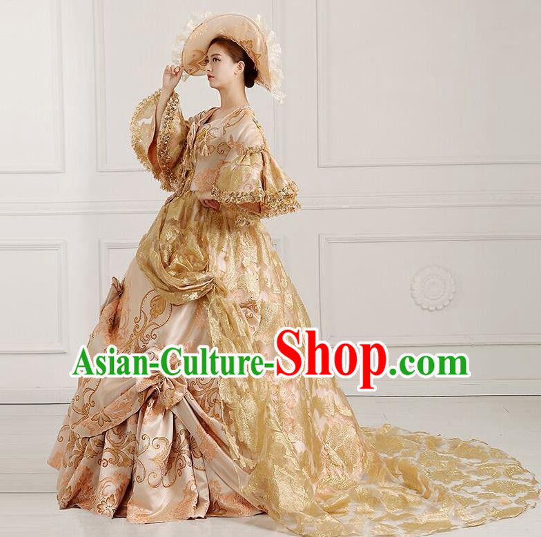 Traditional European Court Noblewoman Renaissance Costume Dance Ball Princess Palace Champagne Trailing Dress for Women