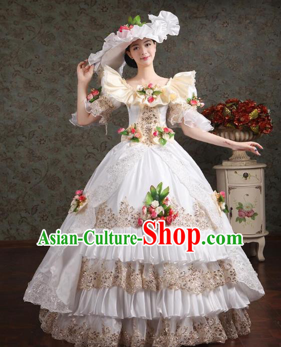 Traditional European Court Noblewoman Renaissance Costume Dance Ball Princess White Full Dress for Women