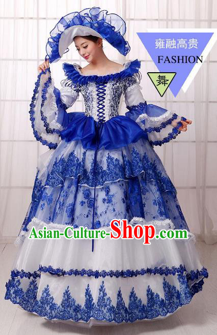 Traditional European Court Noblewoman Renaissance Costume Dance Ball Princess Blue Full Dress for Women
