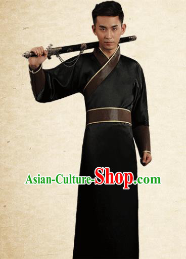 Traditional Chinese Stage Performance Costume Ancient Han Dynasty Swordsman Black Robe for Men