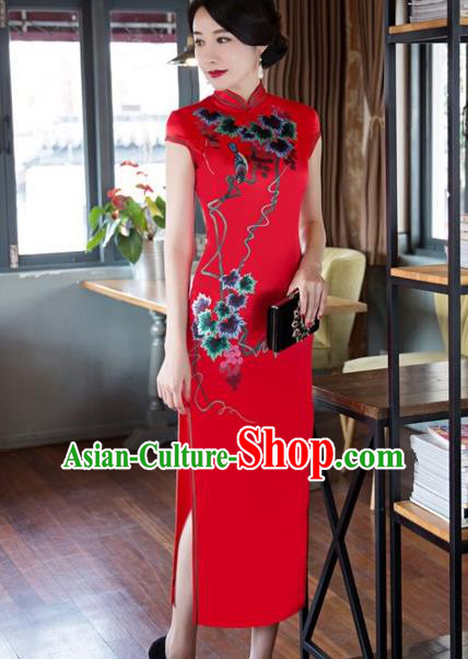 Traditional Chinese National Wedding Costume Printing Red Cheongsam Dress for Women
