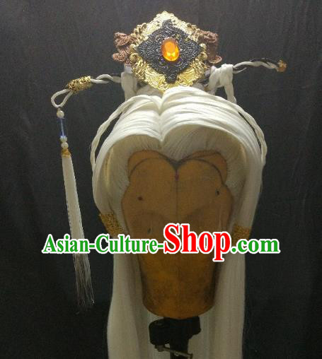 Traditional China Ancient Cosplay Swordsman White Wig and Hair Accessories Headwear for Men