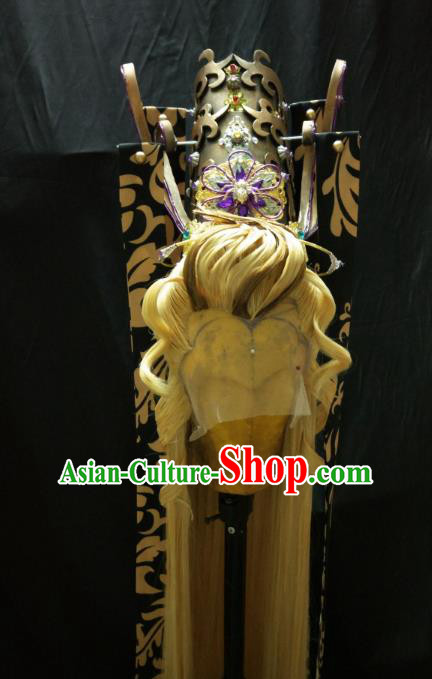 Traditional China Ancient Cosplay Royal Highness Swordsman Wig and Hair Accessories Hairdo Crown for Men