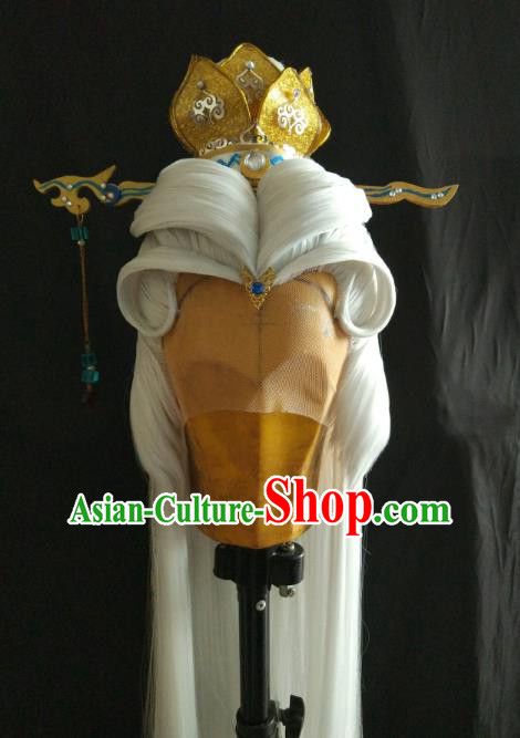 Traditional China Ancient Cosplay Royal Highness Swordsman Knight Wig and Hair Accessories Hairdo Crown for Men