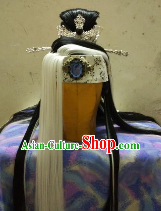 Traditional China Ancient Cosplay Swordsman Hair Accessories Wig and Hairpins for Men