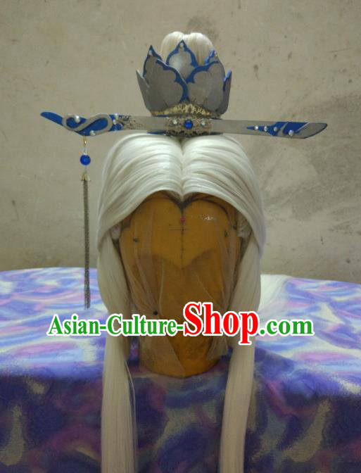Traditional China Ancient Cosplay Swordsman Hair Accessories Wig and Hairdo Crown for Men