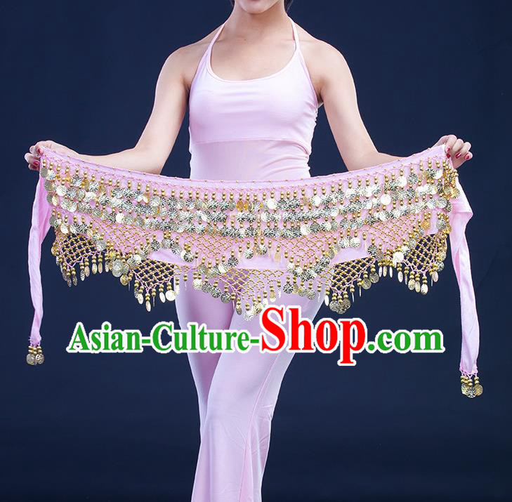 Asian Indian Belly Dance Golden Paillette Pink Waistband Accessories India Raks Sharki Belts for Women