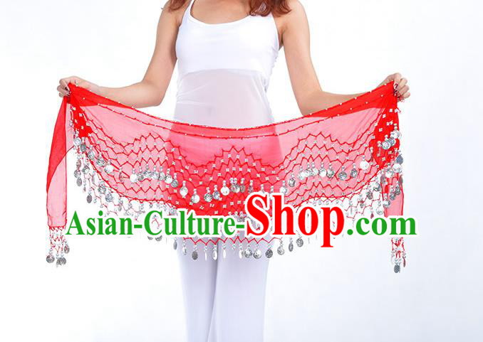 Asian Indian Belly Dance Argent Paillette Red Silk Waistband Accessories India Raks Sharki Belts for Women