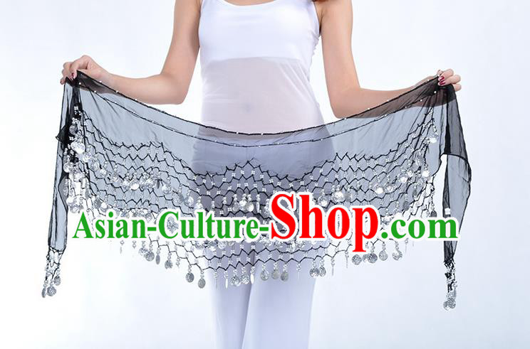 Asian Indian Belly Dance Argent Paillette Black Silk Waistband Accessories India Raks Sharki Belts for Women