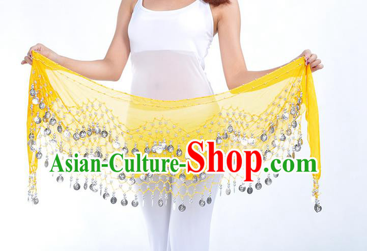 Asian Indian Belly Dance Argent Paillette Yellow Silk Waistband Accessories India Raks Sharki Belts for Women