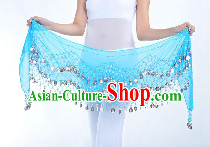 Asian Indian Belly Dance Argent Paillette Blue Silk Waistband Accessories India Raks Sharki Belts for Women