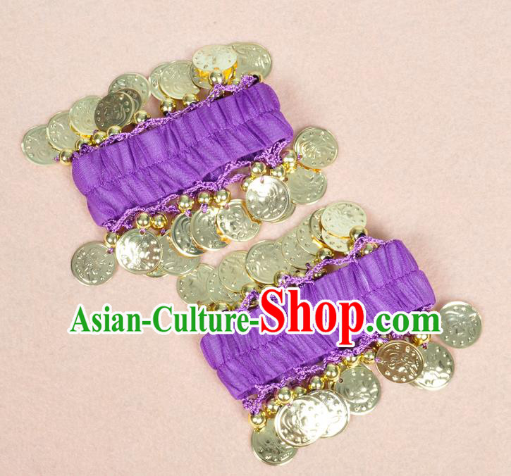 Oriental Indian Belly Dance Accessories Purple Bracelets India Stage Performance Golden Coin Bangle for Women