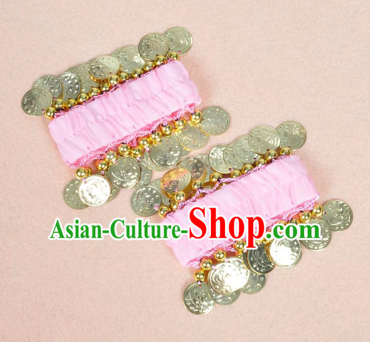 Oriental Indian Belly Dance Accessories Pink Bracelets India Stage Performance Golden Coin Bangle for Women
