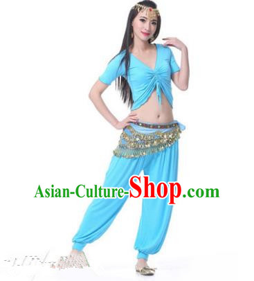 Asian Indian Belly Dance Costume Stage Performance Blue Outfits, India Raks Sharki Dress for Women