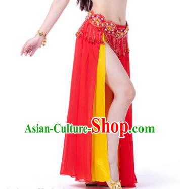 Asian Indian Belly Dance Costume Stage Performance Red and Yellow Skirt, India Raks Sharki Slit Dress for Women