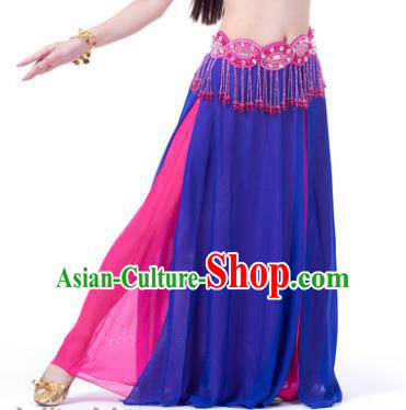 Asian Indian Belly Dance Costume Stage Performance Royalblue and Rosy Skirt, India Raks Sharki Slit Dress for Women