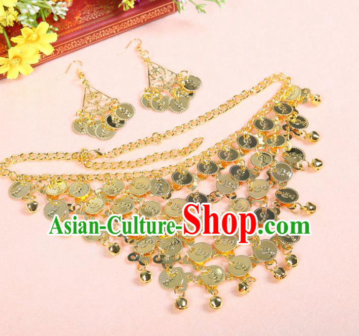 Asian Indian Belly Dance Accessories India National Dance Golden Necklace and Earrings for Women
