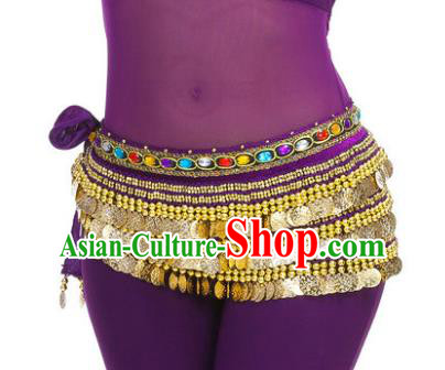 Asian Indian Belly Dance Paillette Purple Waist Chain Tassel Waistband India Raks Sharki Belts for Women