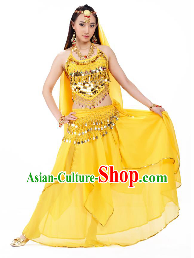 Asian Indian Belly Dance Yellow Costume Stage Performance Outfits, India Raks Sharki Dress for Women