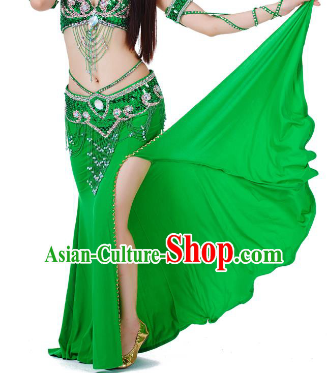 Top Indian Belly Dance Costume Green Split Skirt, India Raks Sharki Clothing for Women