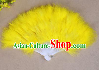 China Folk Dance Folding Fans Yanko Dance Yellow Feather Fans for Women