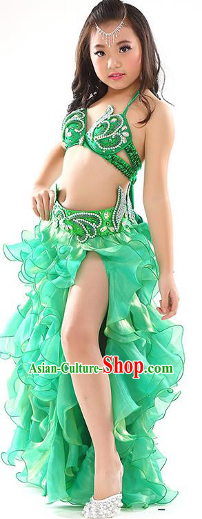 Top Indian Belly Dance Costume Bollywood Oriental Dance Stage Performance Green Dress for Kids