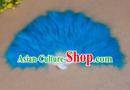 China Folk Dance Folding Fans Yanko Dance Blue Feather Fans for Women