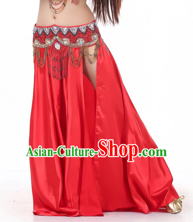 Indian Belly Dance Costume Bollywood Oriental Dance Red Satin Skirt for Women