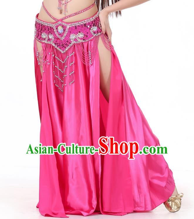 Indian Belly Dance Costume Bollywood Oriental Dance Rosy Satin Skirt for Women