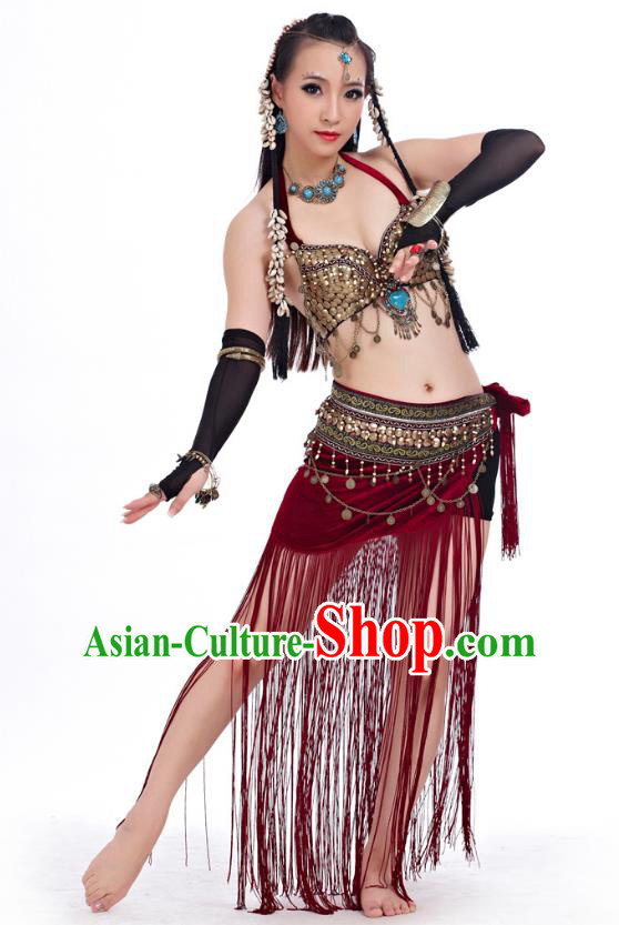 Asian Indian Belly Dance Primitive Tribe Dance Red Costume India Bollywood Oriental Dance Clothing for Women