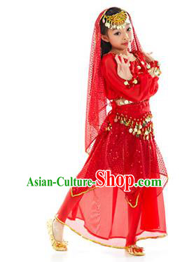 Indian Traditional Belly Dance Red Dress Asian India Oriental Dance Costume for Kids