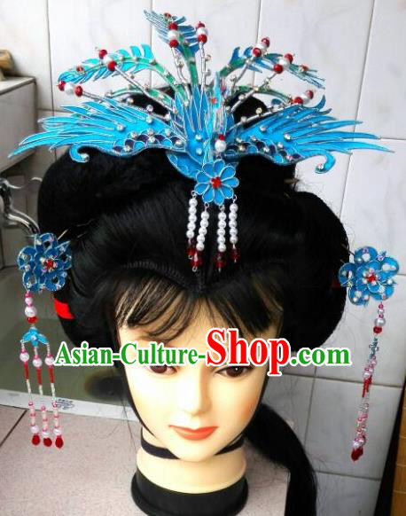 Traditional Handmade Chinese Beijing Opera Hair Accessories Princess Blue Phoenix Coronet Hairpins for Women