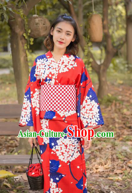 Asian Japanese Traditional Costumes Japan Kimono Red Bathrobe Clothing for Women
