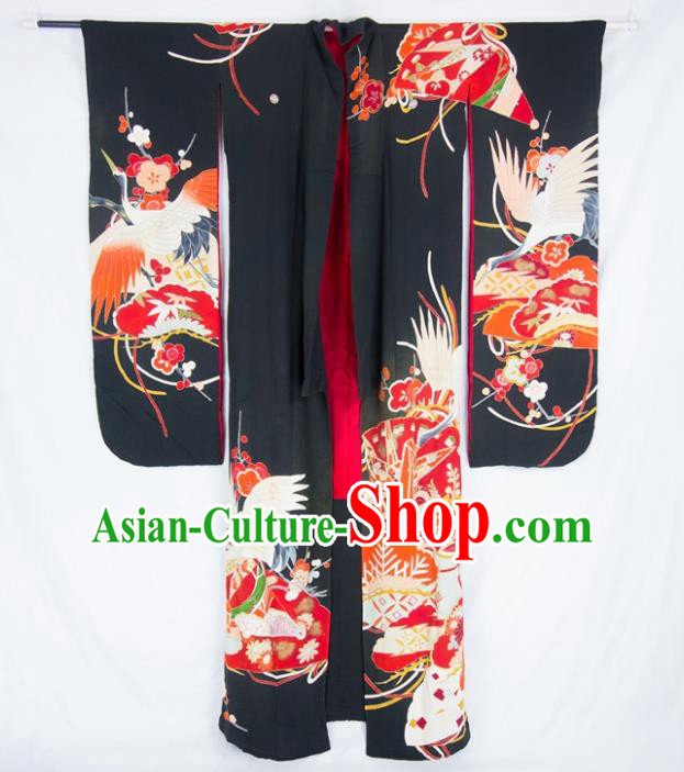 Asian Japanese Traditional Costumes Japan Furisode Kimono Yukata Embroidered Crane Black Dress Clothing for Women