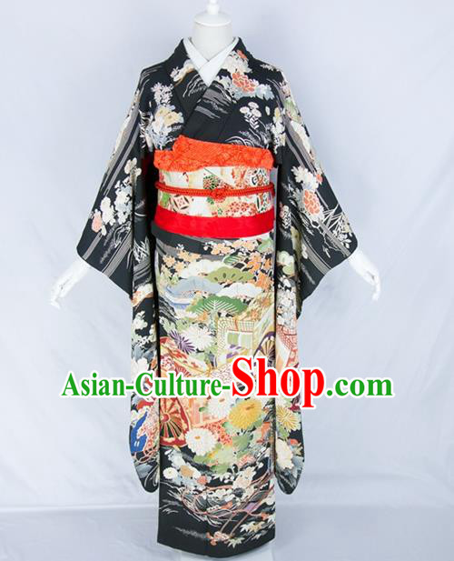 Asian Japanese Traditional Costumes Japan Embroidered Furisode Kimono Yukata Black Dress Clothing for Women