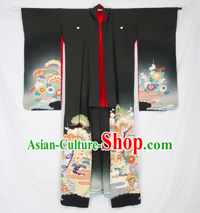 Asian Japanese Traditional Costumes Japan Black Furisode Kimono Yukata Dress Clothing for Women