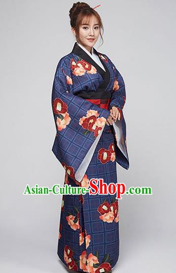 Asian Japanese Traditional Costumes Japan Printing Navy Furisode Kimono Yukata Dress Clothing for Women