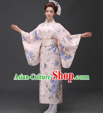 Asian Japanese Traditional Costumes Japan Printing Blue Peony Furisode Kimono Yukata Dress Clothing for Women