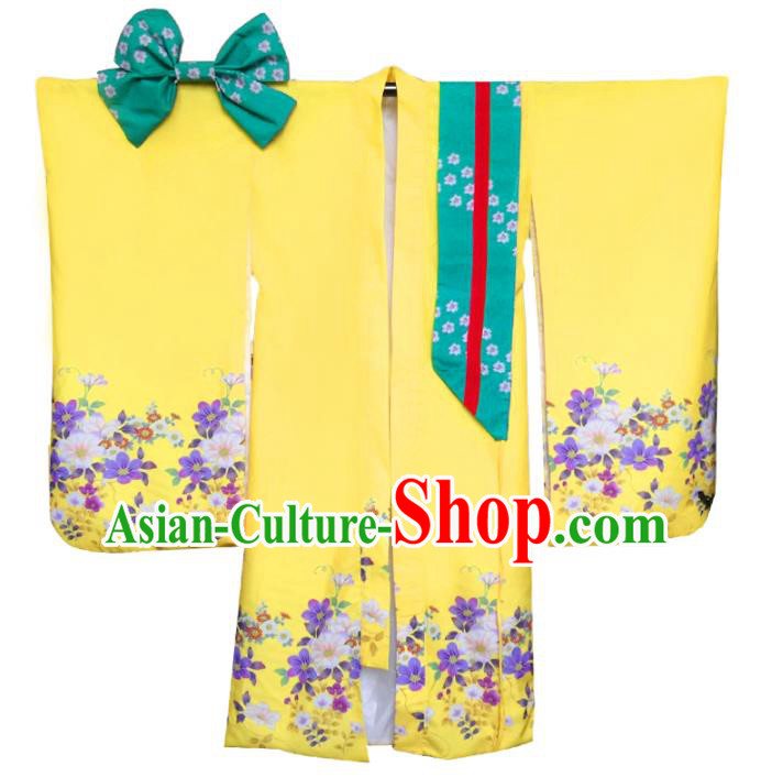 Asian Japanese Traditional Costumes Japan Printing Yellow Furisode Kimono Yukata Dress Clothing for Women