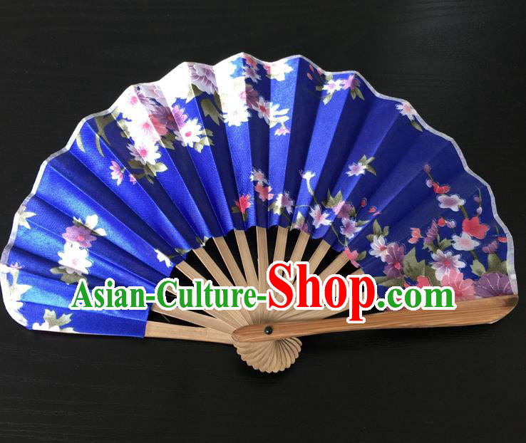 Asian Traditional Folding Fans Kimono Printing Blue Satin Fans for Women
