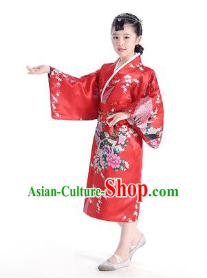 Asian Japanese Traditional Costumes Japan Satin Furisode Kimono Yukata Printing Peony Red Dress Clothing for Kids