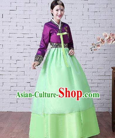 Asian Korean Dance Costumes Traditional Korean Hanbok Clothing Embroidered Purple Blouse and Green Dress for Women